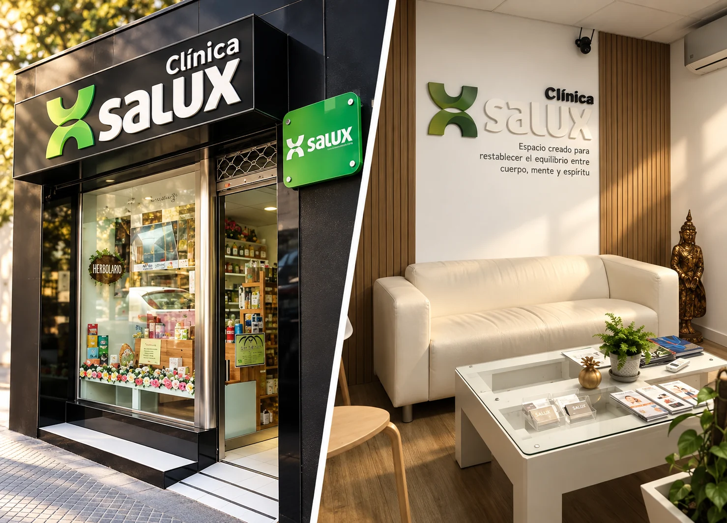 Fachada de Clínica Salux en Huelva junto a la sala de espera de la clínica