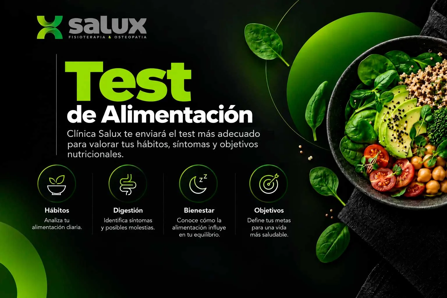 Test de alimentación de Clínica Salux: te enviamos el test más adecuado para valorar tus hábitos, síntomas y objetivos nutricionales